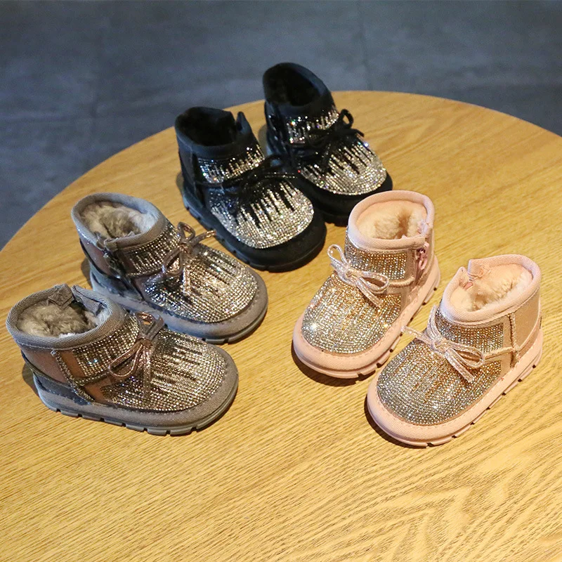 Ботинки Стразы для маленьких девочек зимние теплые ботинки на мягкой