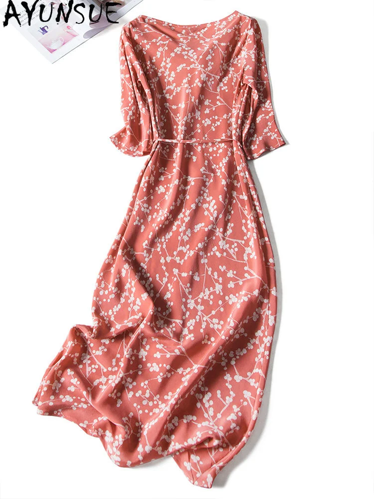 

New Real Silk Dress Women Summer Floral Pink Long Dresses for Women Clothes Beach Boho Vintage Dress Vestido KJ9228