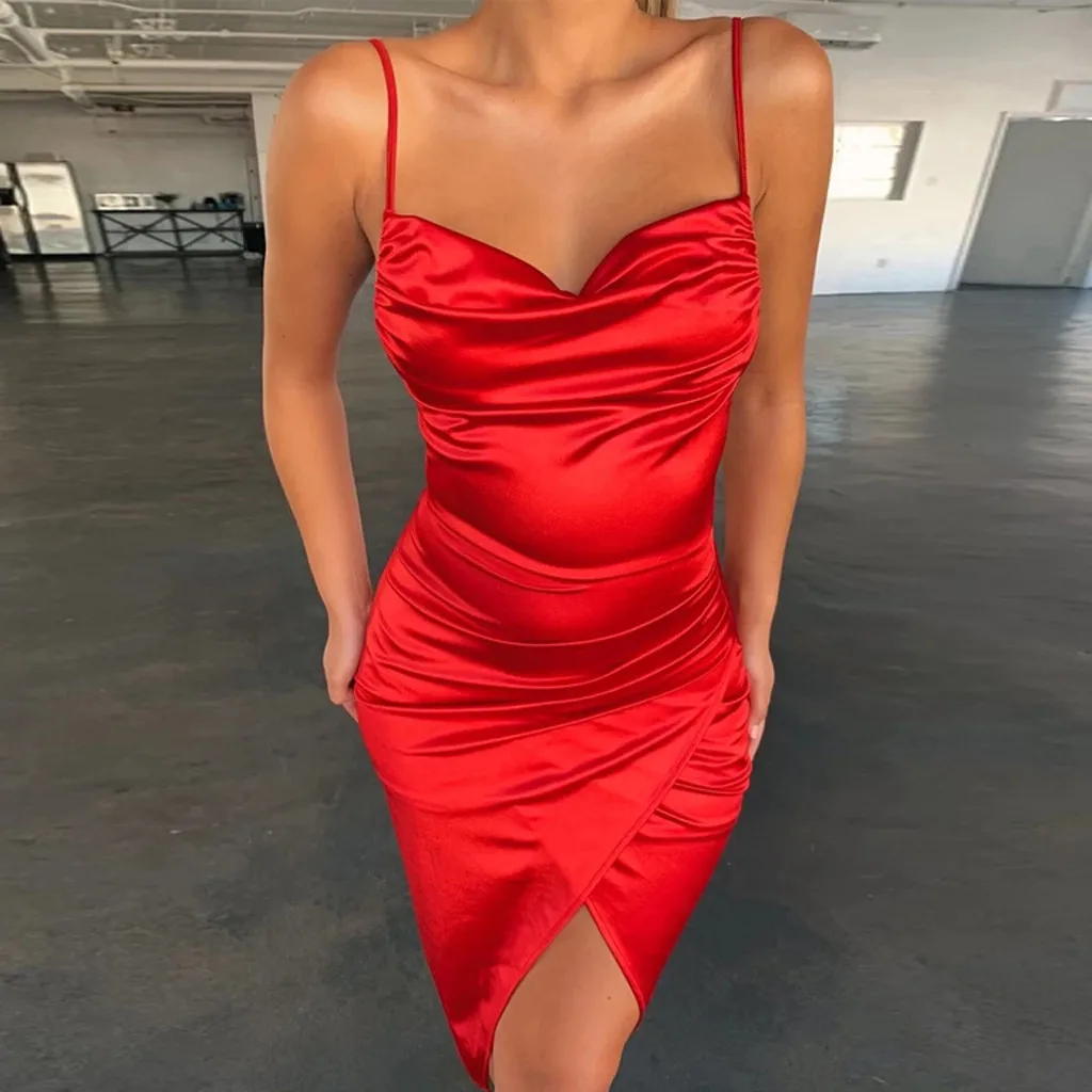 Неоновые Атласные босоножки 2020 летнее женское бодикон с длинным миди платье без