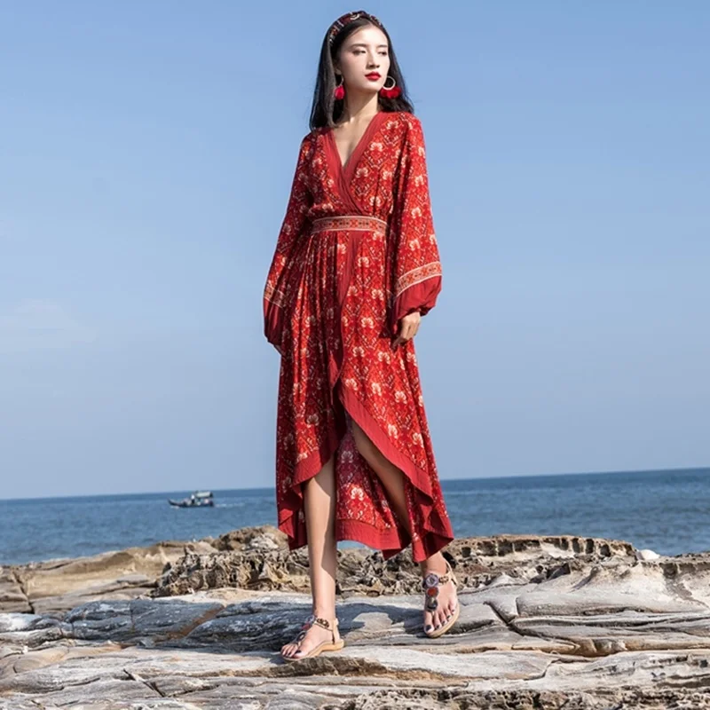 Шикарные Повседневные платья в стиле бохо для женщин 2019 красное Цветочное платье