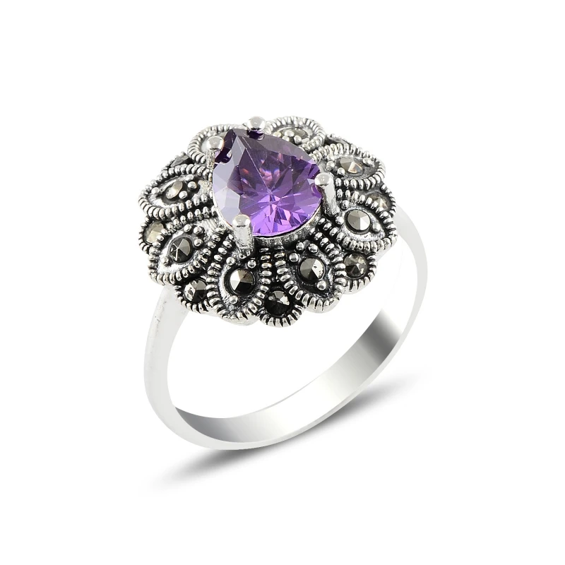 

Silverlina Silver Daisy Amethyst Zircon & Marcasite Ring