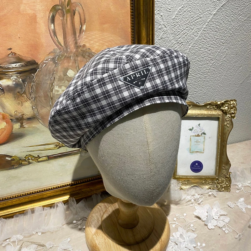 

APRIL HALF Women Plaid French Beret Hat Check Cotton Hats Beanie Cap Color Beanie Cap Stylish Female Daily Artist/Painter Hats