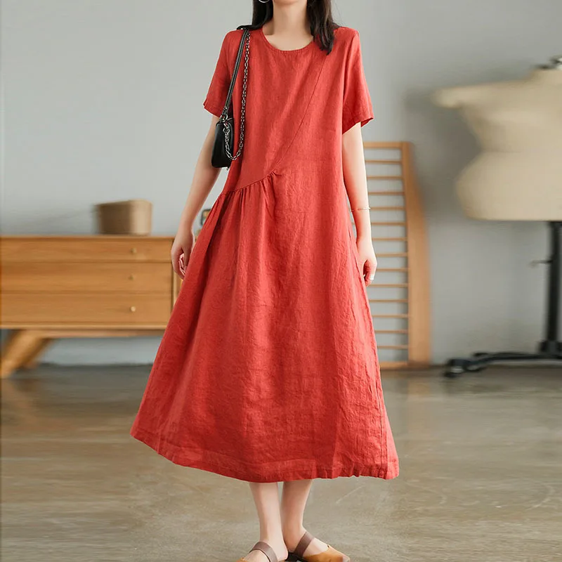 

NINI WONDERLAND Summer Short Sleeve Linen Vintage Robe Dress 2021 Women Solid Color Loose Dresses Round Neck Brief Casual Dress
