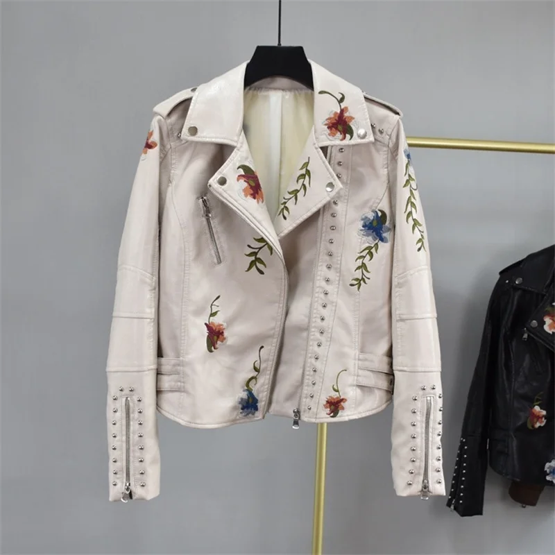 2021 dress Leather spring dress new women's suit collar embroidery rivet waist short wash PU leather jacket fashion enlarge