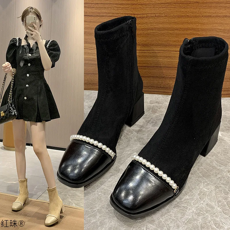 Fashion Sexy Party Boots Woman Boots Beaded Stitching Thick Heel Boots Stretch Cloth High Heels Suede Leather Shoes