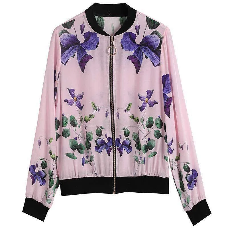 

Chiffon Baseball Basic Coats 2021 Summer Long Sleeve Loose Women Jackets Print Floral Female Outerwear Casual Cardigans KS667