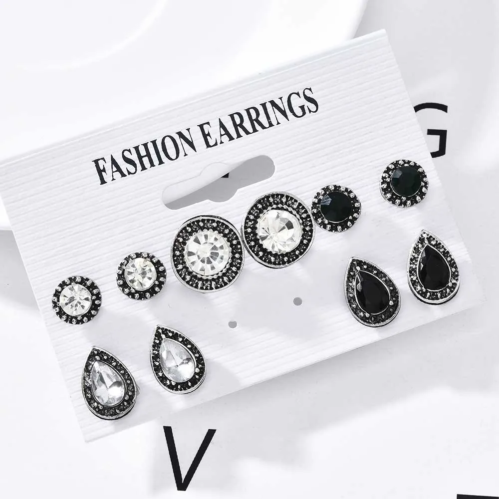 

Trendy Jewelry Dazzling green White Black Crystal Bohemian 5 Pairs/Set Pretty Stud Earrings Women Jewelry Dazzling Water Drop