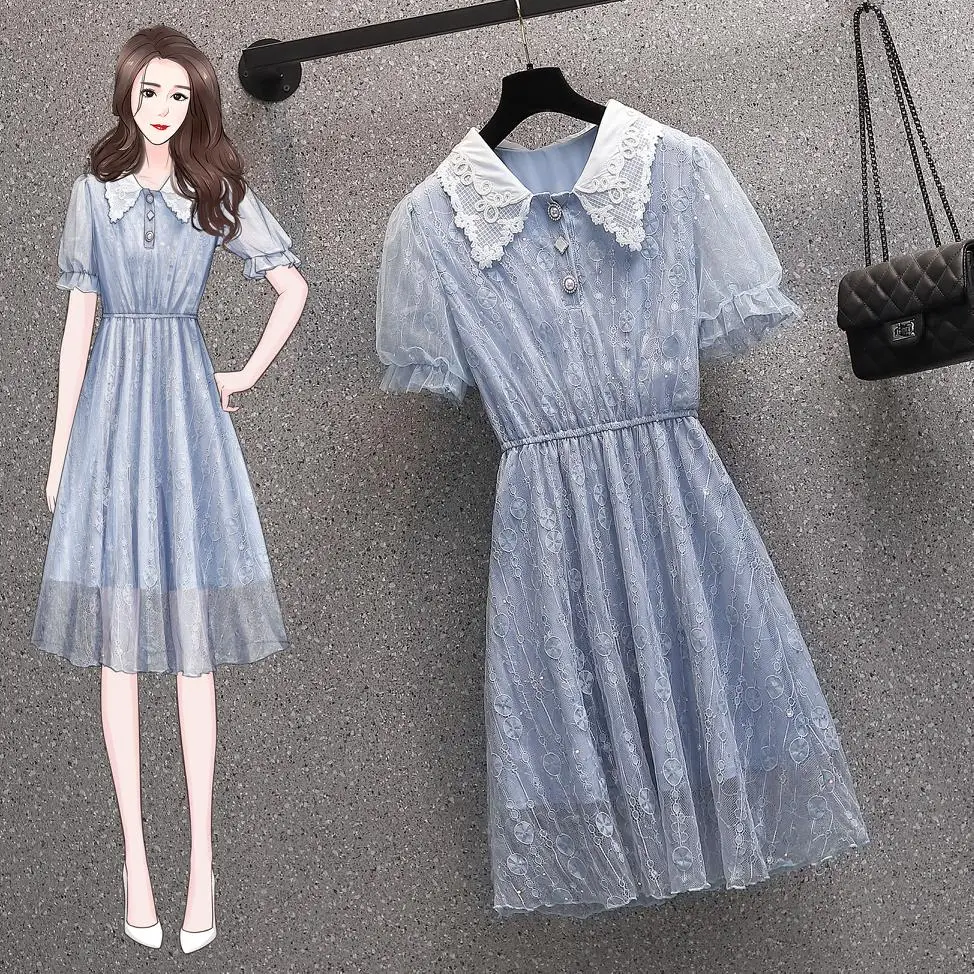 

Синий кружевное платье средней длины с короткими рукавами размера плюс 5Xl большие в винтажном стиле; Повседневная одежда; Сезон весна-лето; ...