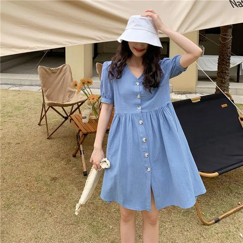 

hubble-bubble sleeve v-neck dress female loose short sleeve women dresses 30145#