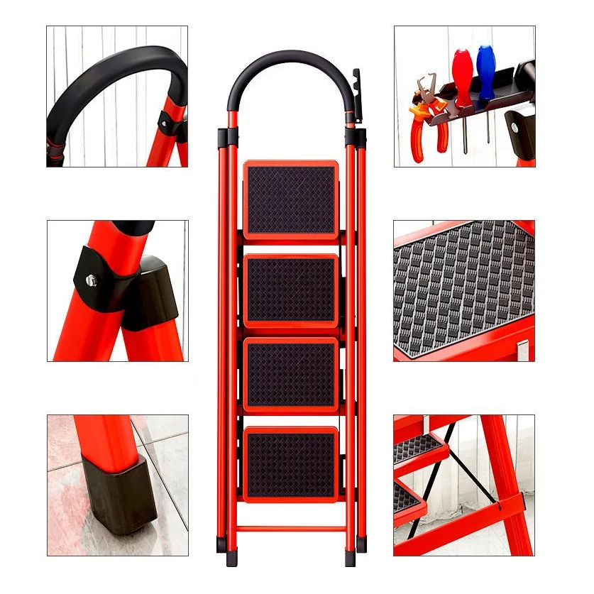Folding Ladder Household Indoor Herringbone Multifunctional Four-step Thickened Steel Pipe Telescopic Pedal Safe Domestic |