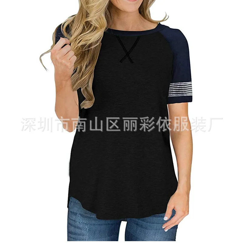 

Summer women's short sleeve splicing round neck casual T-shirt raglan sleeve loose top