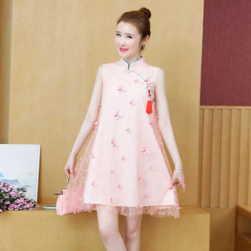 

Китайский Чонсам в стиле ретро, Женская юбка в восточном стиле, современное модное Приталенное кружевное летнее женское платье-Ципао с бабочками для вечерние