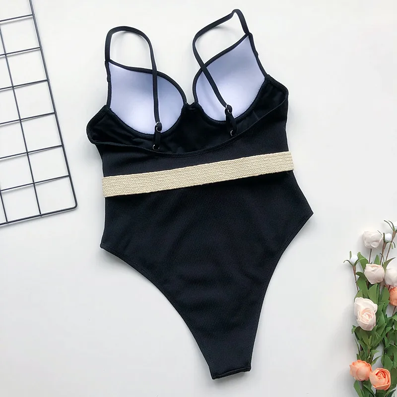 

European and American new belt bikini 2021 sexy pit strip fabric swimsuit swimsuit beach ladies one-piece bikini