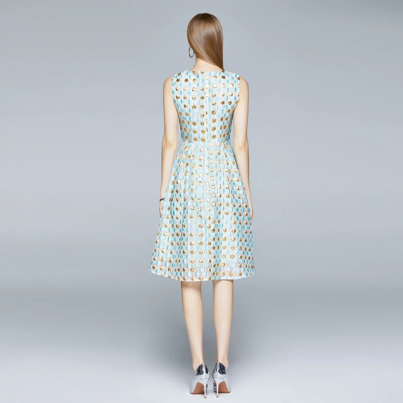 

Banulin Autumn Runway Summer Jacquard Dress Women's O-Neck Dot Print Tank Dress Lady Office Work Sleeveless Midi Dress