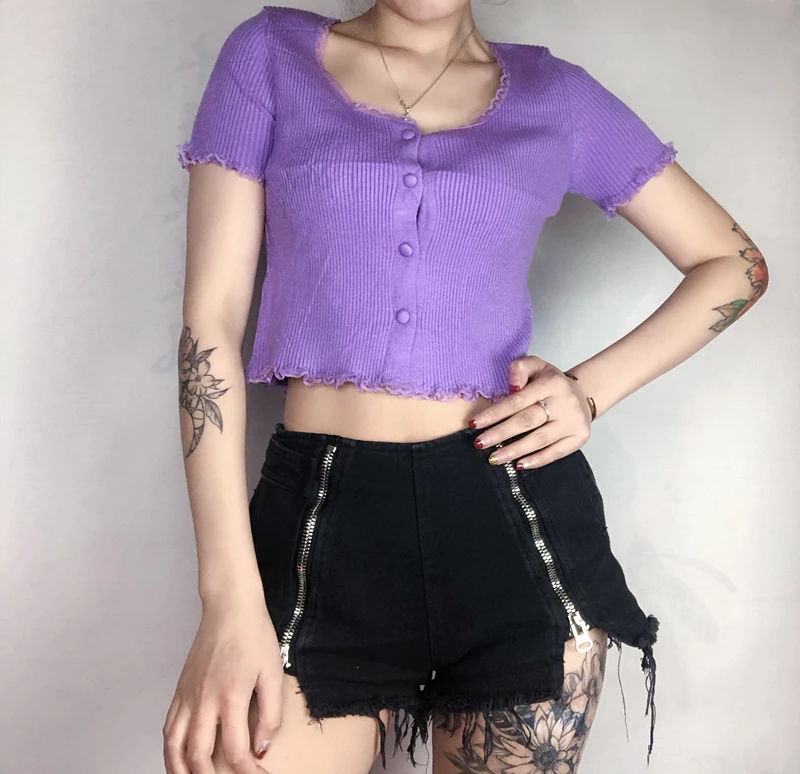 Женский ребристый укороченный Вязаный топ на пуговицах с кружевной отделкой