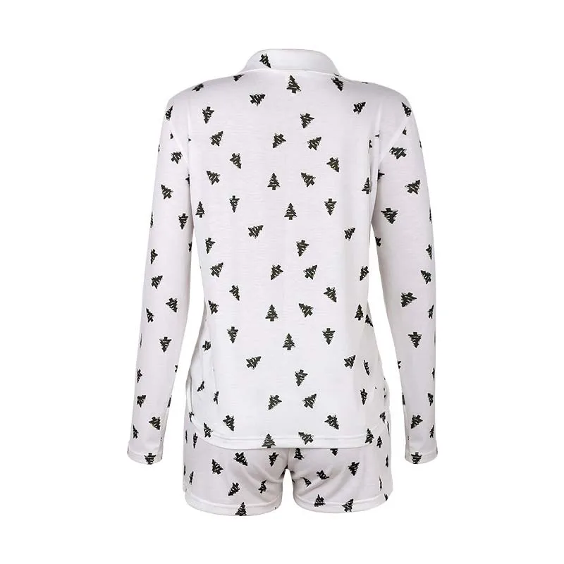 

2020 Autumn Pajama Set Women Tree Print Lounge Wear Ladies Homewear Lapel Sleepwear Women Loungewear Home Wear