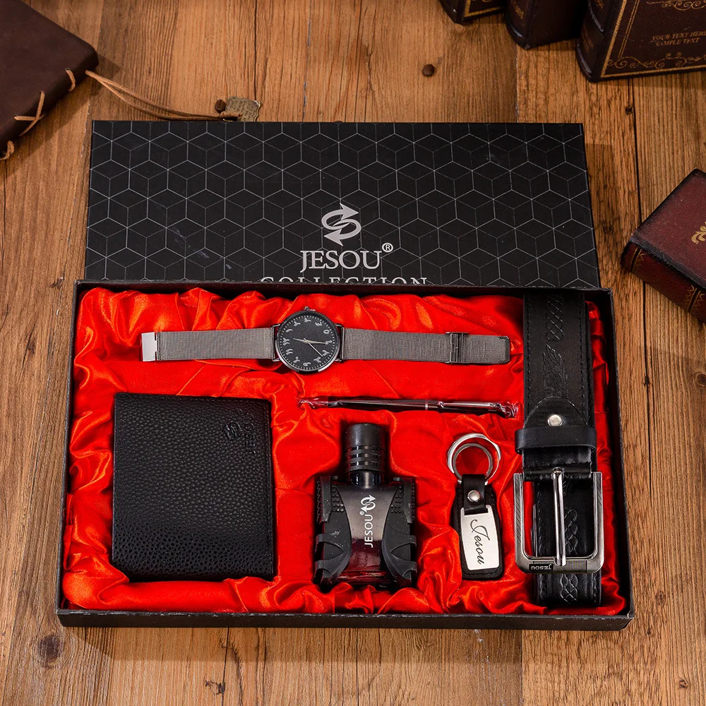 

6pcs/set Men's Gift Women gift set beautifully packaged Quartz Watch+belt+perfume bottle+Wallet+sunglasses+tie+Key Chain set