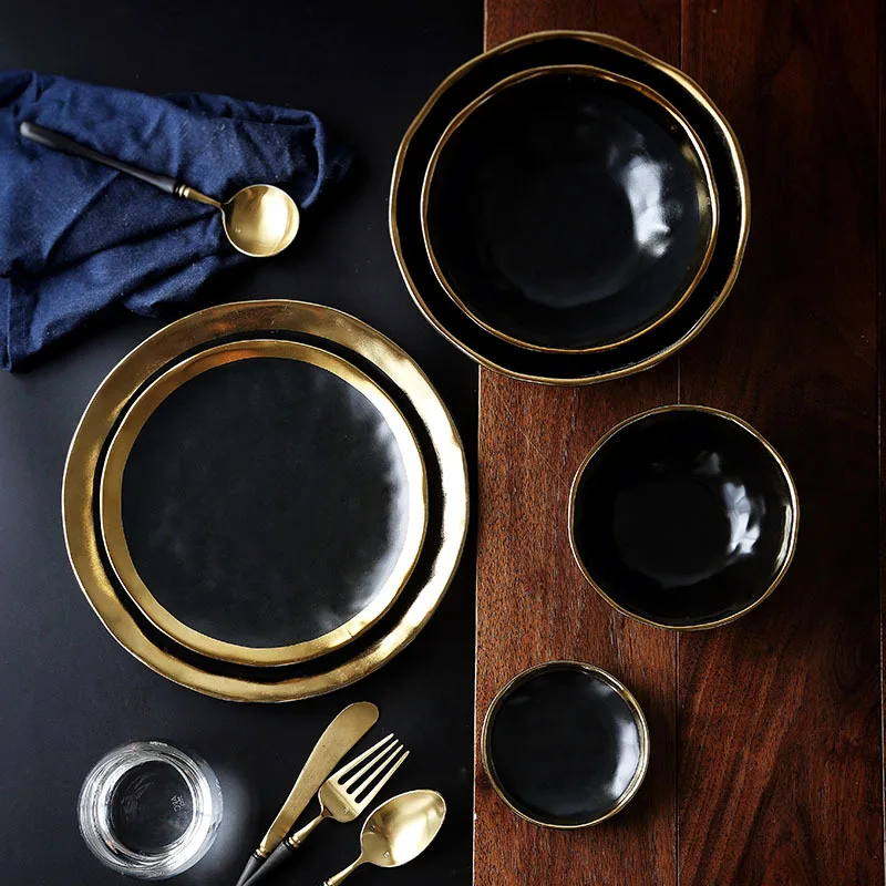 

Phnom Penh black and white gold ceramic tableware plate steak plate western food plate rice bowl noodles bowl small dish