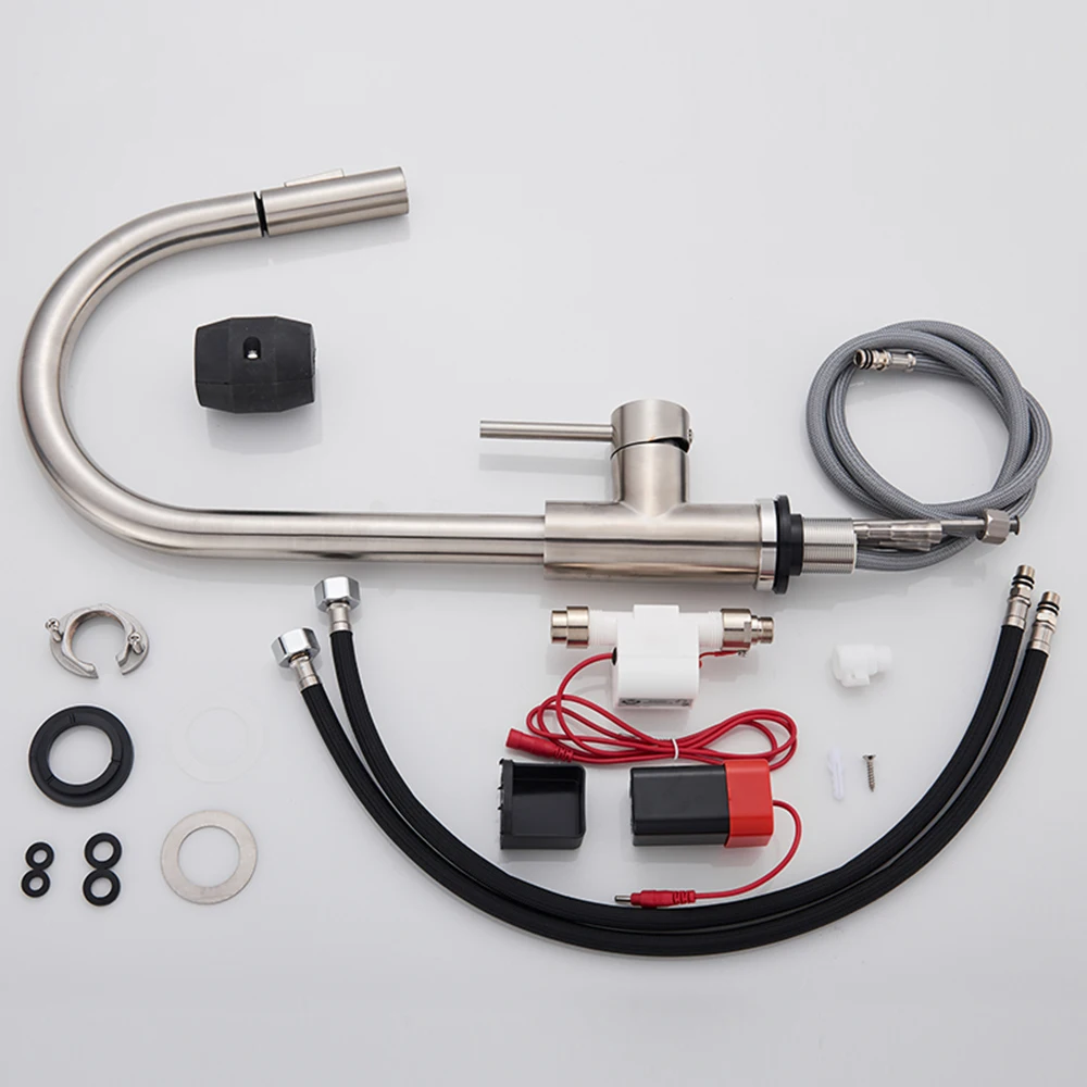 

Brushed Smart Touch On Kitchen Faucet Sensor 360 Rotation Pull Out Single Handle Mixer Tap Two Water Modes Sink Crane Hot Cold