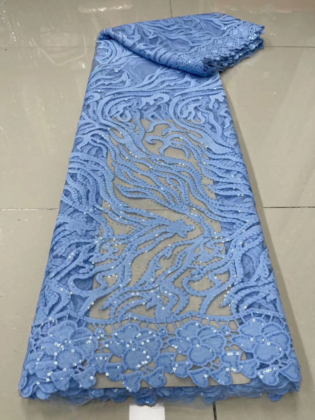 

Blue High Quality African Nigerian Tulle Lace Fabric Embroidery With Sequins 3D Guipure Wedding Party Dress
