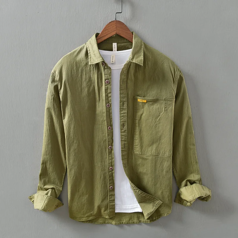 

Рубашка мужская с длинным рукавом, хлопок, Повседневная Удобная мягкая с лацканами, в японском стиле, однотонная, в стиле Харадзюку, весна-ос...