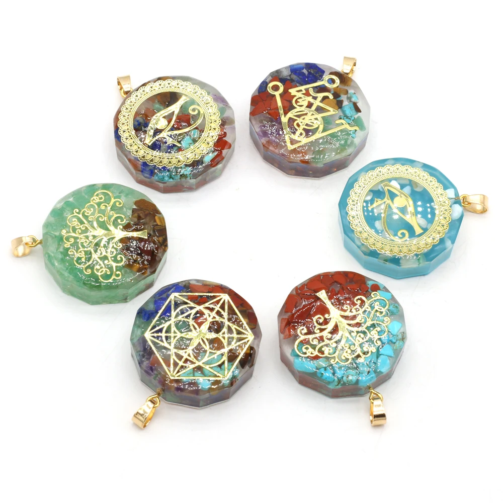 

Natural Stone Gem Round Seven Chakra Pendant Carving Tree of Life Handmade Crafts DIY Necklace Jewelry Accessories Gift Making