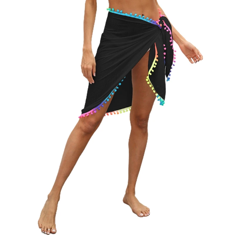 

Women Swimwear Bikini Cover Up Beach Sarong Rainbow Pompom Trim Tie Wrap Skirt X7YA