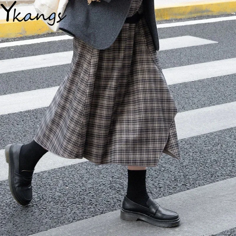 

Женская клетчатая юбка в Корейском стиле, свободная Асимметричная шерстяная длинная юбка средней длины с высокой талией, Y2k