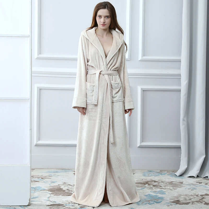 Beige women Новинка, мужской зимний удлиненный плотный фланелевый теплый банный халат с капюшоном, мужской халат, термальный халат для женщин и мужчин, роскошное кимоно, халаты - Цвет: Beige women