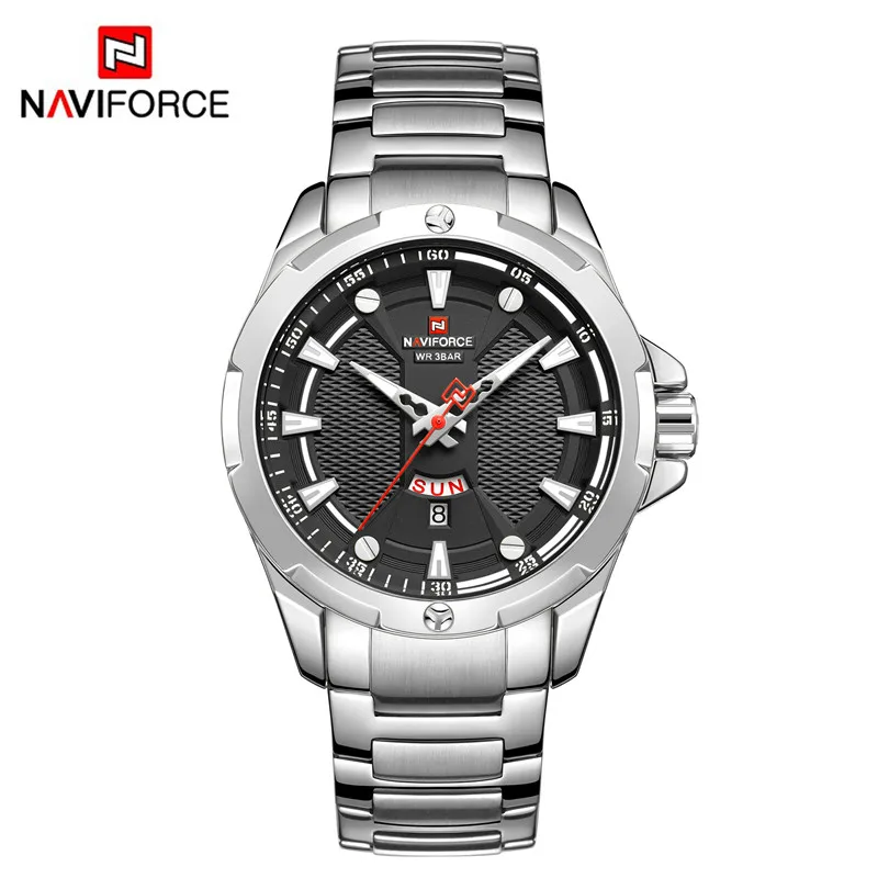 NA916105 without box NAVIFORCE мужские наручные часы водонепроницаемые деловые мужские часы серебряные из нержавеющей стали спортивные военные Дата Неделя кварцевые мужские часы 9161 - Цвет: NA916105 without box