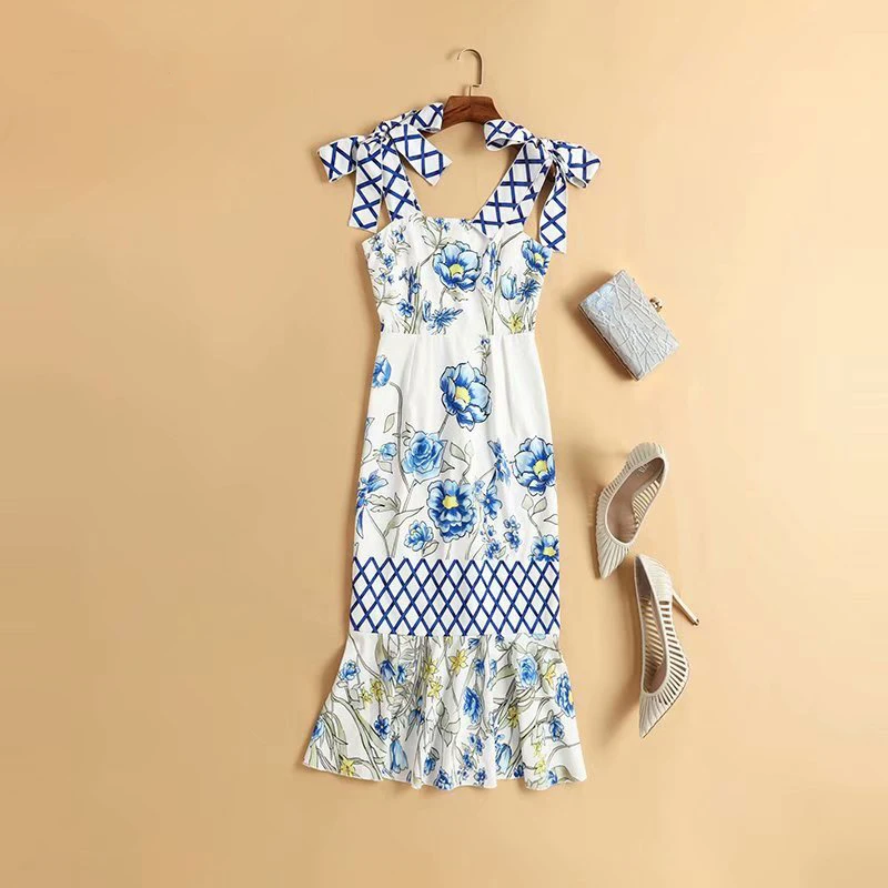 

Fashion Runway Summer Mermaid Dress Female Elegant Blue Flower Print Beach Vacation Spaghetti Strap Dresses Vestdios