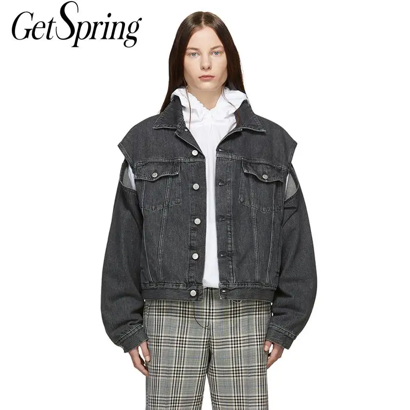 GETSPRING Женское пальто женское джинсовое куртки отверстие стоячий воротник