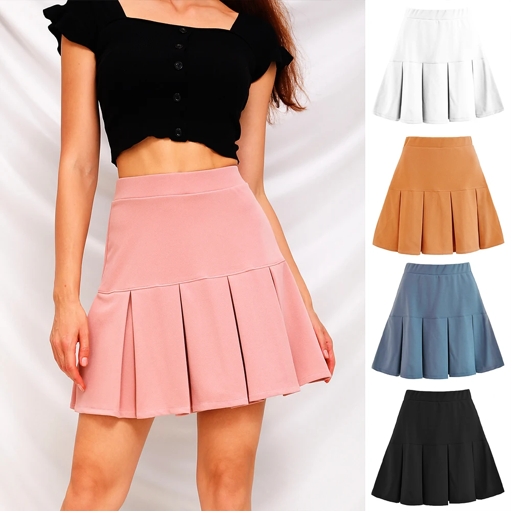 

Women Elastic High Waist Pleated Skirt Sweet Cute Girls Dance A Line Mini Skirt Cosplay Solid Color Skirt Fashion Female Skirt