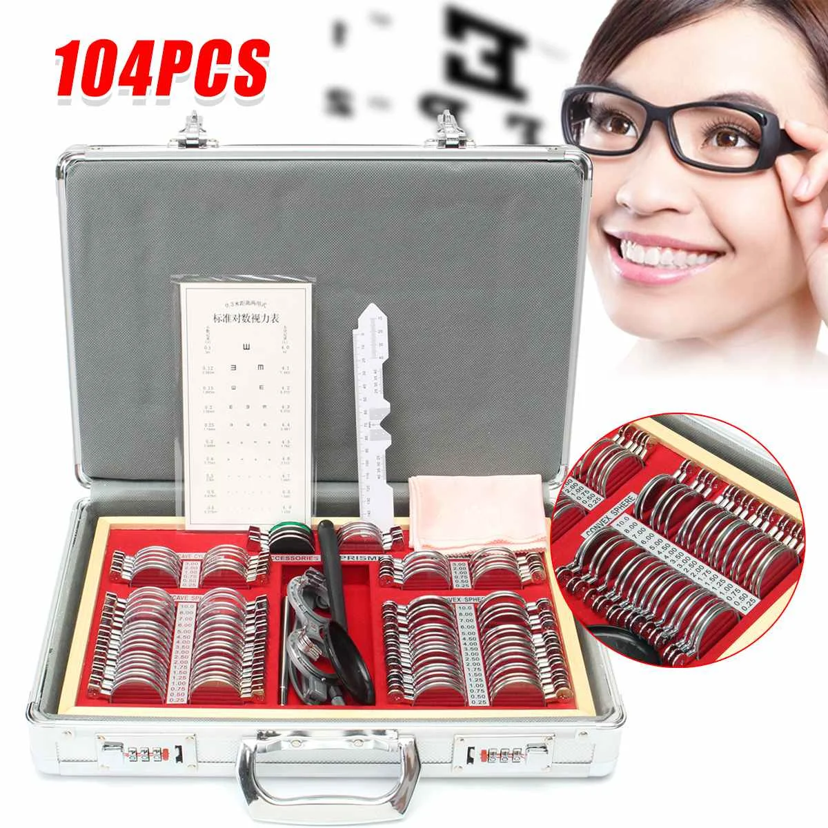 

104Pcs Optical Lens Optometry Rim Kit Set Optometry Test Trial Lens Frame Metal Optometry Testing Glasses with Aluminium Case