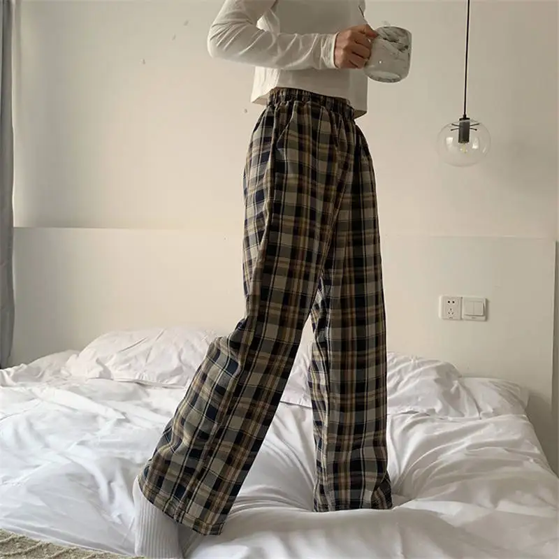 

Spring latest Korean loose high waist plaid pants wide leg pants straight casual Harajuku pants women All-match wide-leg pants