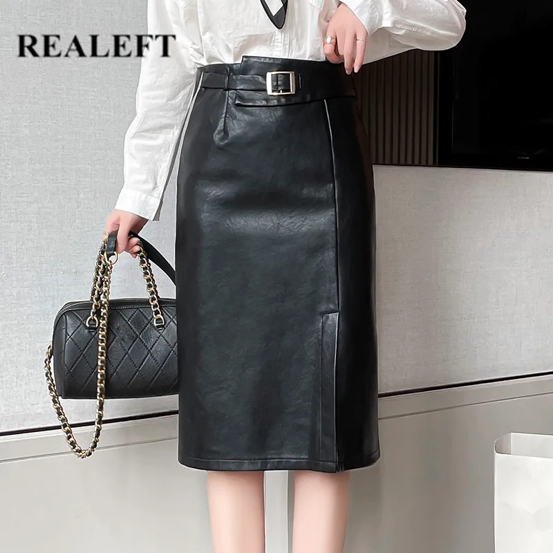 

REALEFT 2021 New Women's Black PU Leather Wrap Skirts Sashes Autumn Winter High Waist Front Split Women's Midi Skirts Female