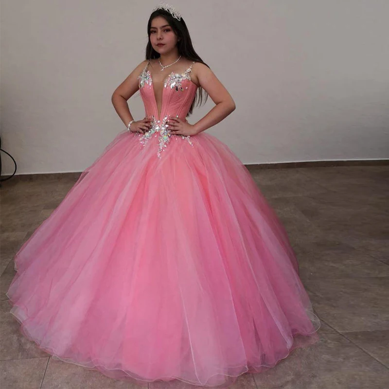 

Розовое Бальное Платье на бретельках Quinceanera, бальное платье из тюля с блестками и кристаллами, 16 Vestidos De Dress