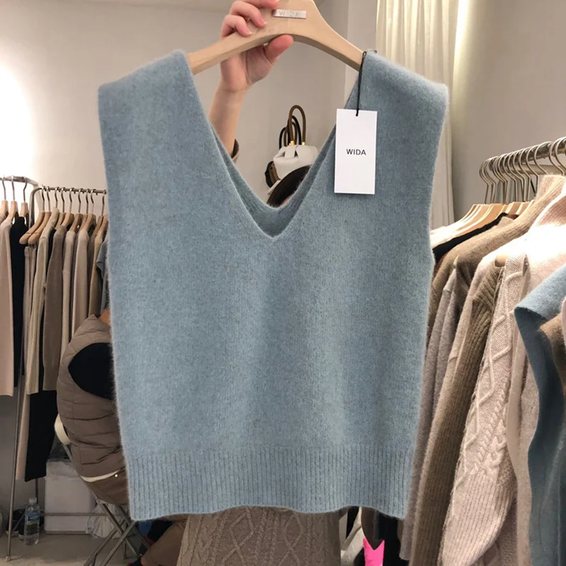 

Wool Sweater Vest Women 2021 Autumn Elegant Fashion Pull Femme Tops Female Outwear Solid Knitted Vest