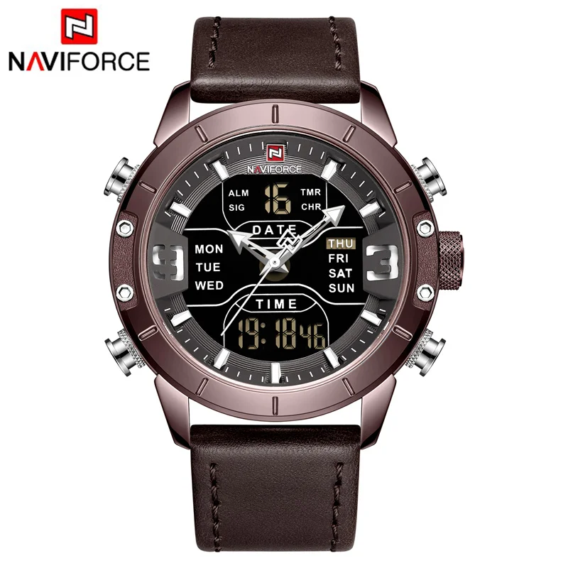 Leather CE CE NAVIFORCE мужские часы с двумя дисплеями Лидирующий бренд Модный светодиодный цифровой Роскошные мужские часы кожаные спортивные водонепроницаемые кварцевые наручные часы - Цвет: Leather CE CE