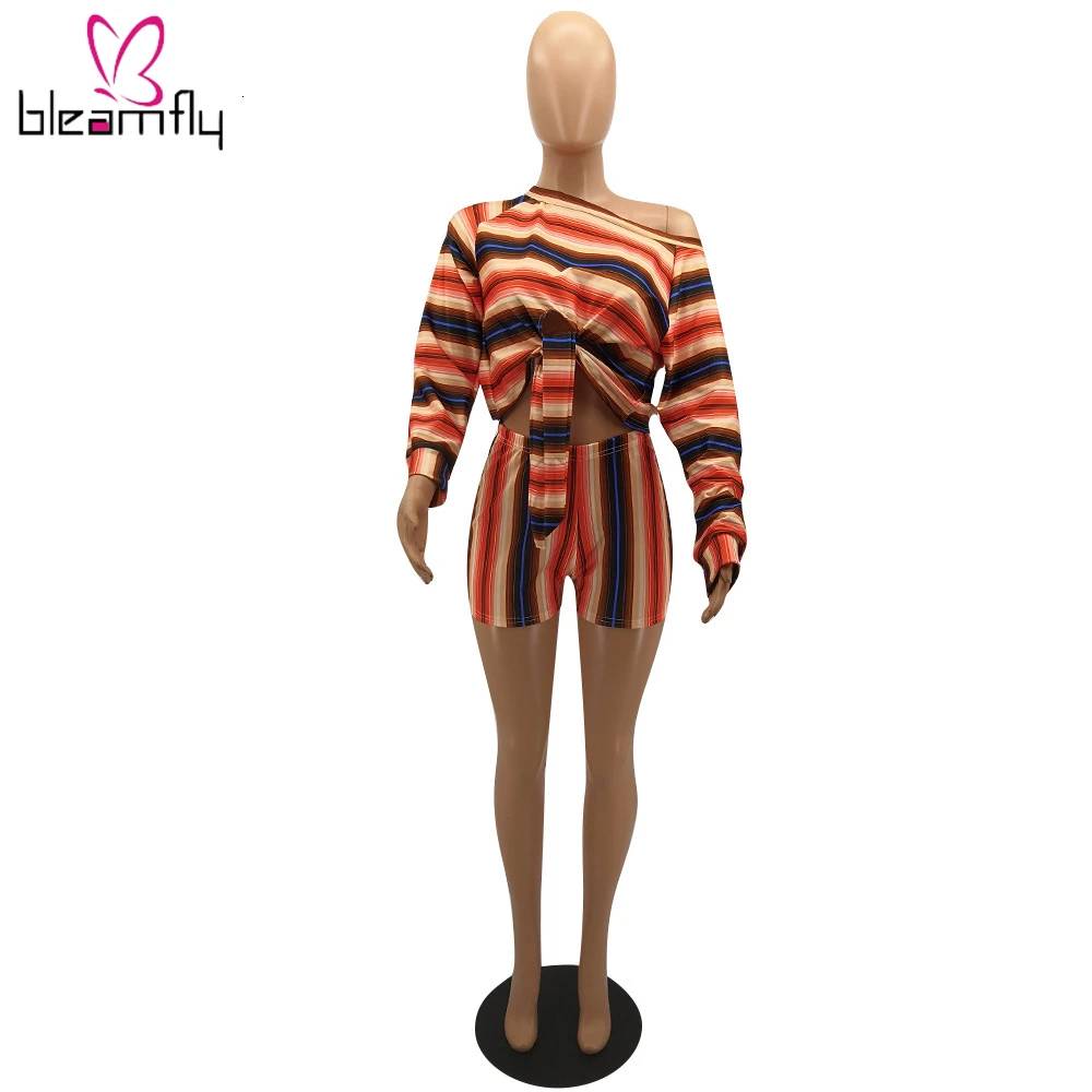 Женский Осенний Цветной полосатый принт с открытыми плечами длинный рукав