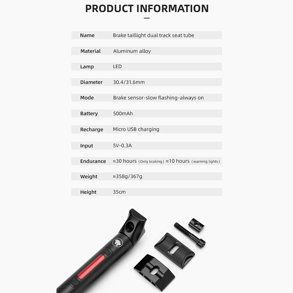 

CYCLINGBOX Bicycle Seatpost 30.4 31.6/350mm MTB Extension Seat Rod Seat Tube Adjustable PoleWith Safety WarningTail Light
