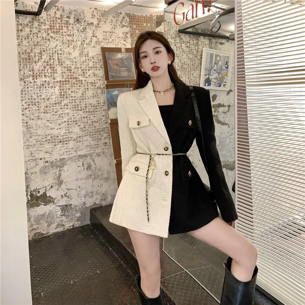 

Черно-белое строченное Женское пальто на весну и осень, средней и длинной талии, закрывающий дизайн, свободный темпераментный Топ X1029