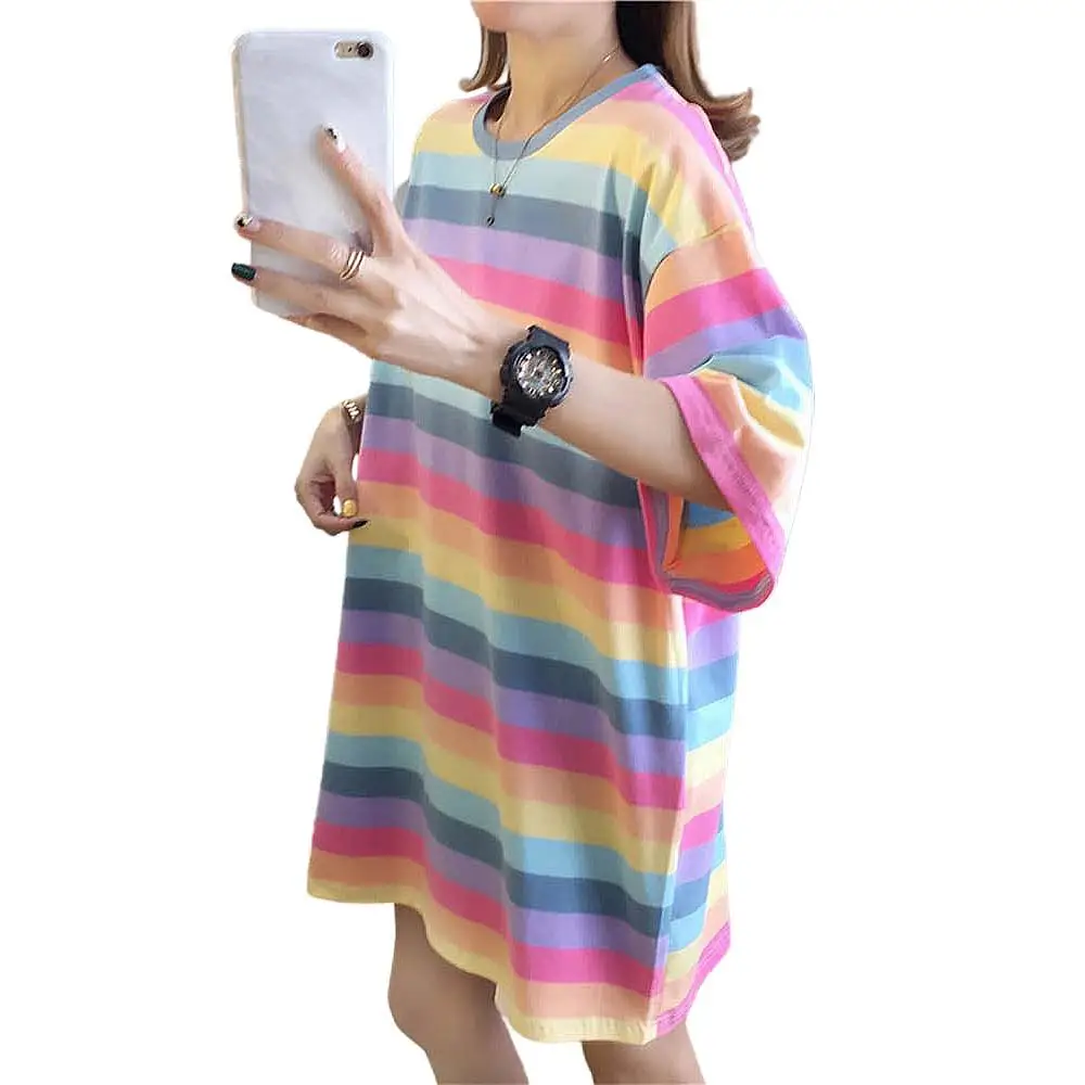 

Colorful Rainbow Striped Women Short Sleeve Tops Casual Female Loose Long T Shirts