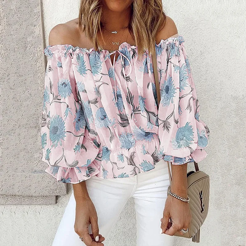 

WEPBEL Printed Lace-up Chiffon Blouse Women's Casual Loose Shirt Summer Flared Sleeves Slash Neck Lace Pleated Blouse