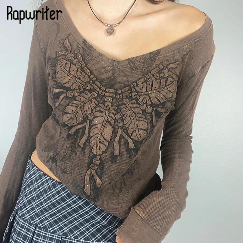 

Rapwriter Vintage Printed Crop Top y2k V Neck Brown Tshirt Skinny Long Sleeve Sweatshirt Retro Women Autumn Pullover Streetwear