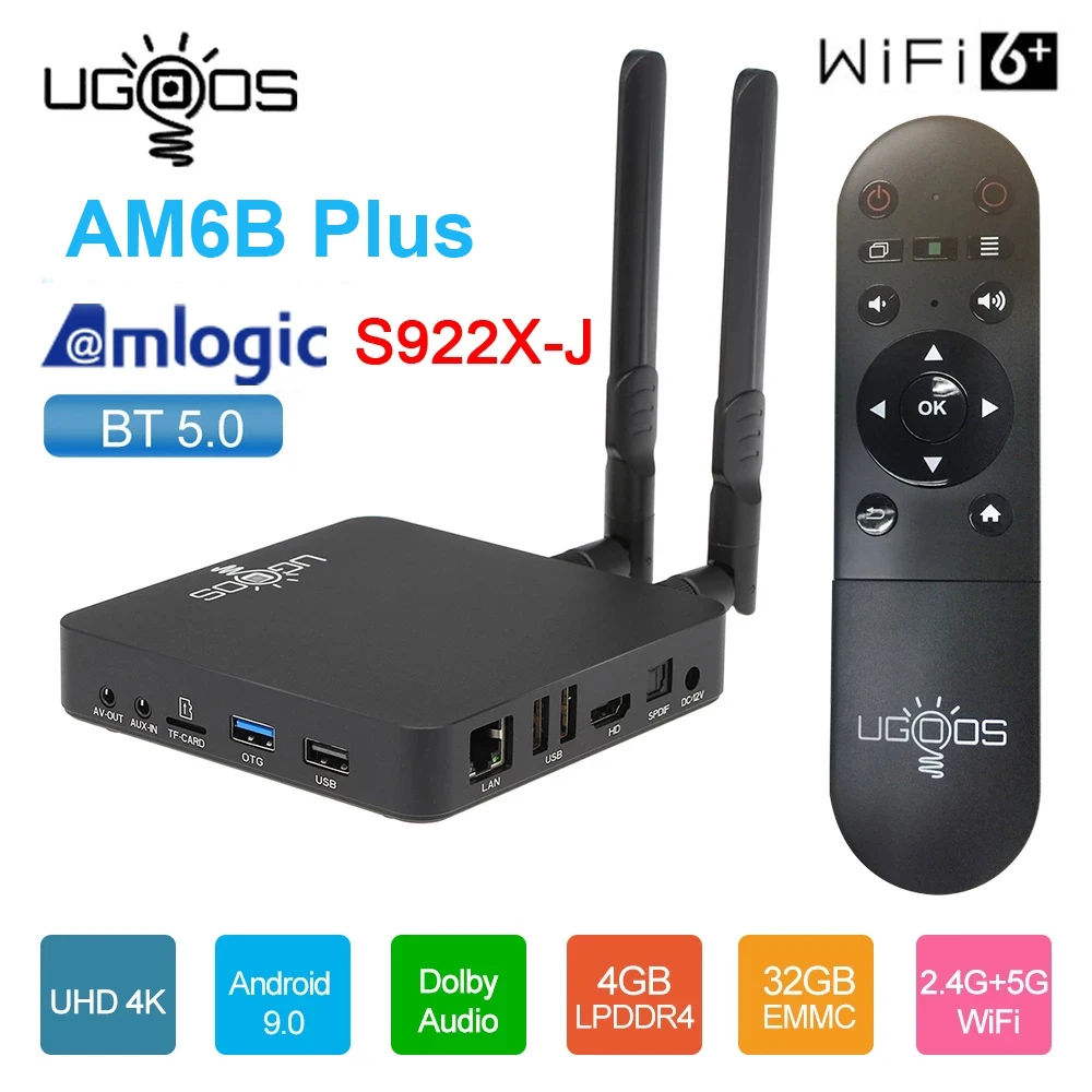 

UGOOS AM6B PLUS Smart TV Box Android 9.0 Amlogic S922X-J 2.2GHz 4GB DDR4 32GB ROM Wifi 6 1000M LAN BT5.0 4K HD AM6 Set Top Box