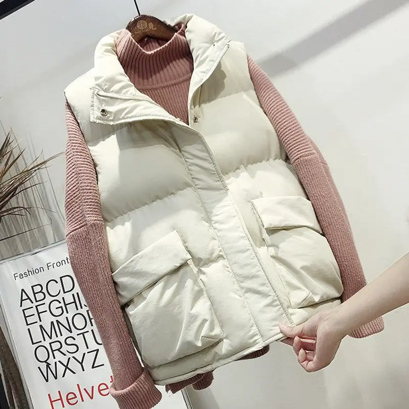 

Cotton Winter Warm Vest Jacket Women Sleeveless Vests New Zipper Pocket Stand-up Collar Cotton Waistcoat