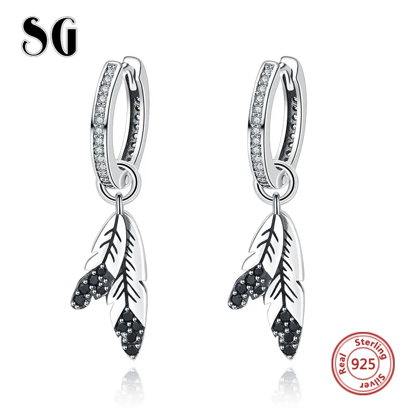 100% 925 стерлингового серебра индийской племени перо висячие серьги ясно и черный