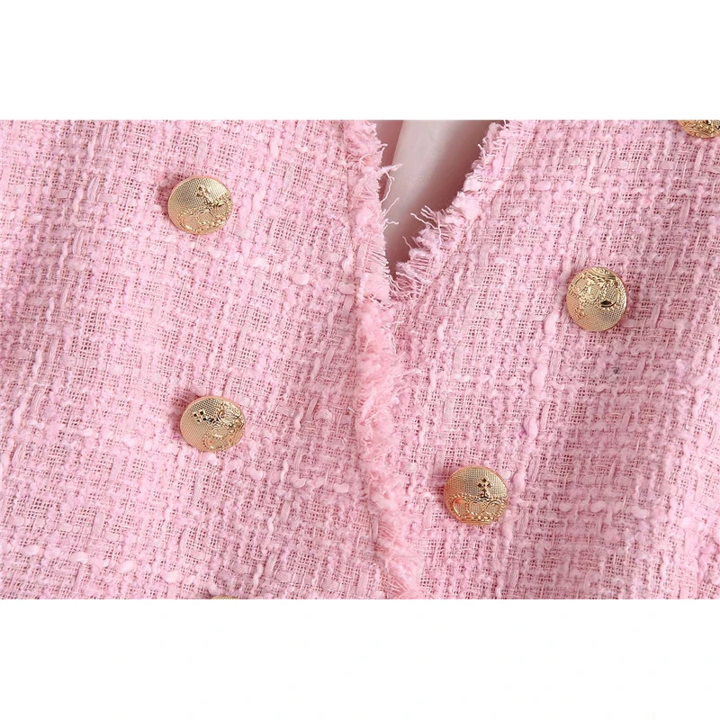 

KRSB ZA Summer Women's White Pink Button Blazer Pocket V-neck Long Ruffled Collar Top Chic Design Commuter Style