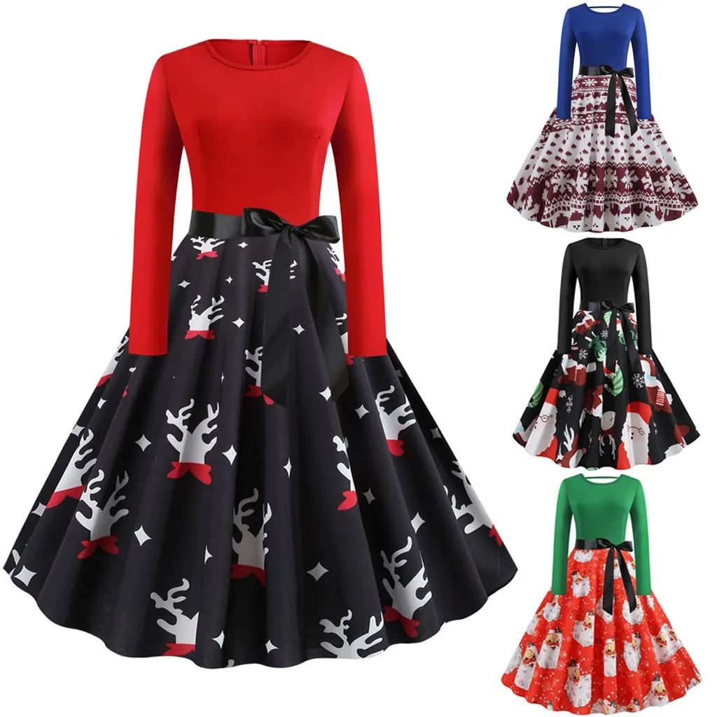 Женское винтажное платье с длинным рукавом и принтом Рождественское Зимние